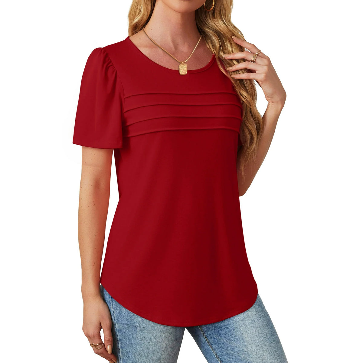 Fantaslook Women Blouses Dressy Casual Summer Short Sleeve Shirts Crew Neck Pleated Tunic Tops