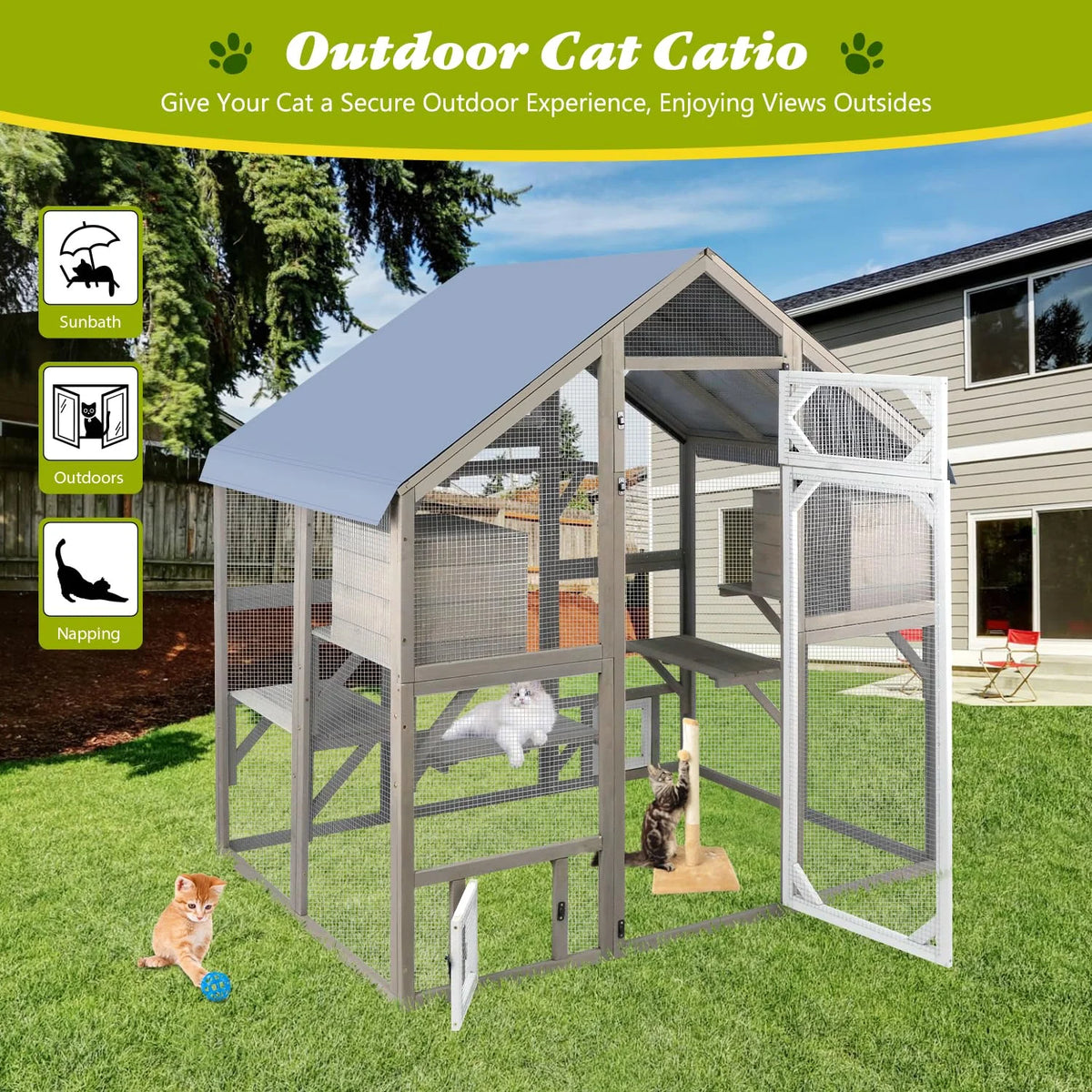 PETSCOSSET Cat Catio Outdoor Enclosure Outside Patio Large Catio House for Indoor 2-3 Cats Weatherproof Wooden Walk in Kitty Cage,Versatile Use for House's Window,Pet Doors, Tunnel