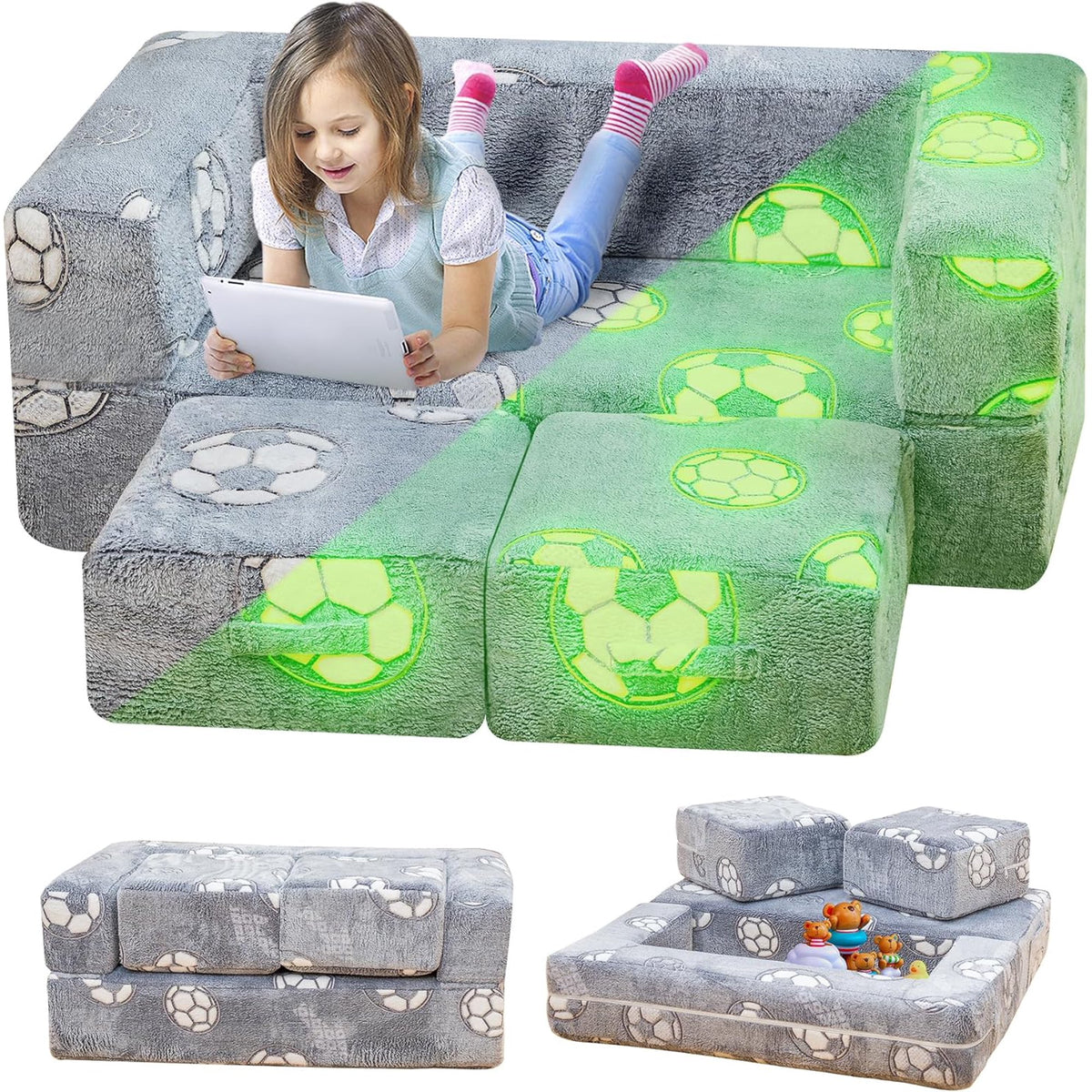 Toddler Couch, Glow in The Dark Kids Play Couch Toddler Fold Out Couch, Kids Fold Out Couch for playroom, Convertible Baby Fold Out Play Foam and Floor Cushion for Bedroom