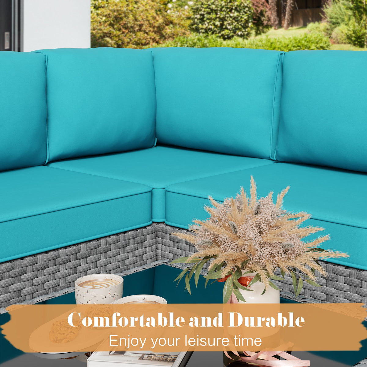 Carpet Outdoor Wicker Rattan Sectional Sofa Patio Furniture Conversation Sets with Glass Table and Cushions for Lawn Backyard Deck,Blue