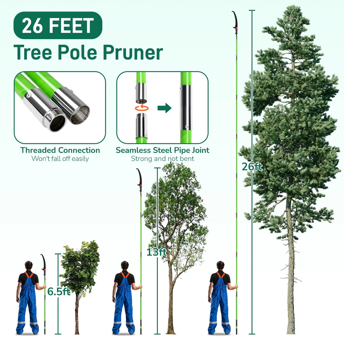 Ktaxon Outdoor 26FT Manual Pole Saw, Lightweight Tree Trimmers Long Handle Pruner Set, Sharp Steel Blade and Scissors Pole Saw for Trimming Palm, Pear Tree, Fir Tree(Green)