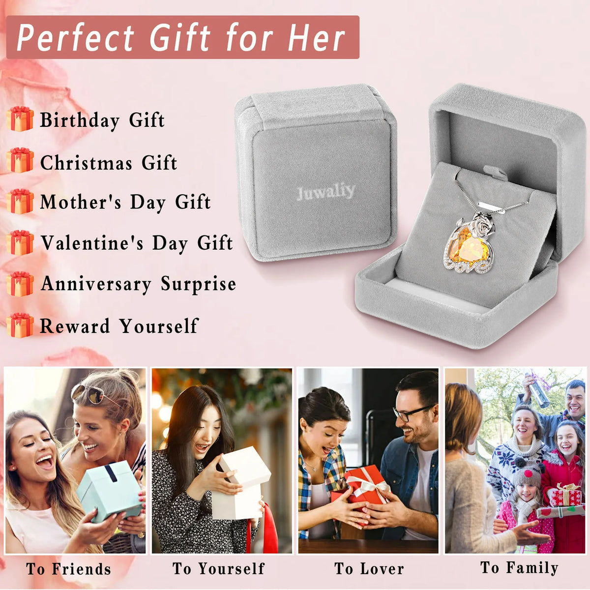 Juwaliy 15MM Women Rose Heart Necklace July Birthstone 925 Sterling Silver Flower Love Jewelry Pendant Red Ruby Mother Birthday Valentine's Day Gift