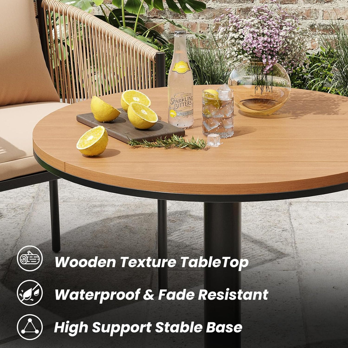Farini 5 Pieces Outdoor Dining Set, Patio Table and Chairs Set with 4 Rattan Wicker Patio Chair Cushions and 1 Outdoor Table Plastic Wooden Top for Lawn, Deck Backyard, Poolside