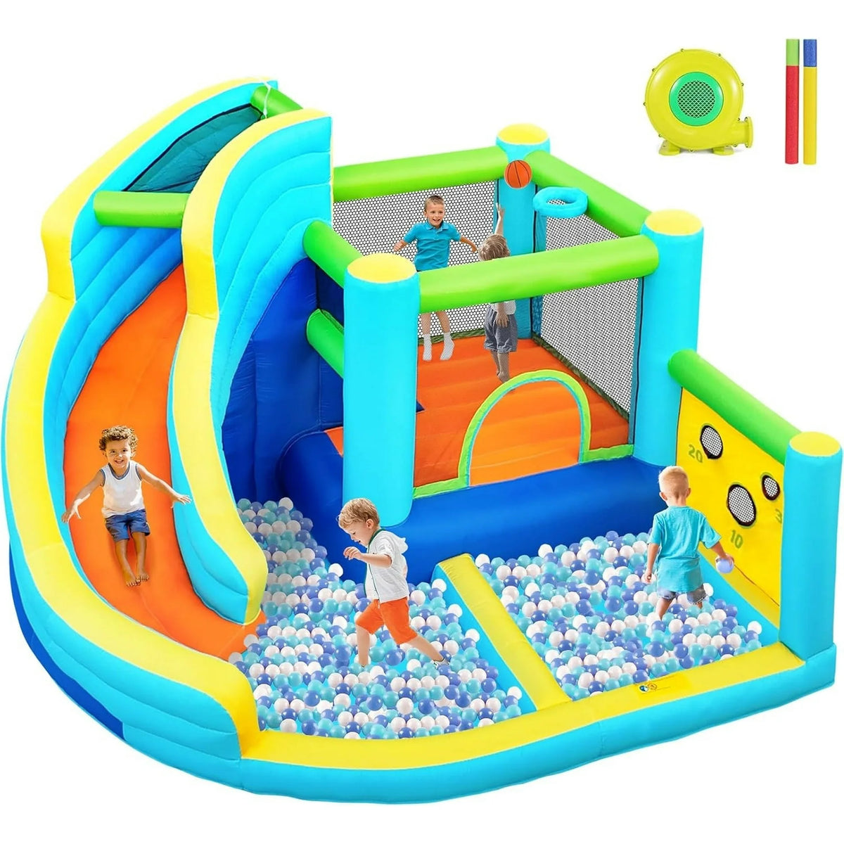 GVDV 12FT Inflatable Bounce House with Water Slide, Ball Shooting, Climbing Wall, Splash Pool 450W Air Blower for Kids Outdoor Fun