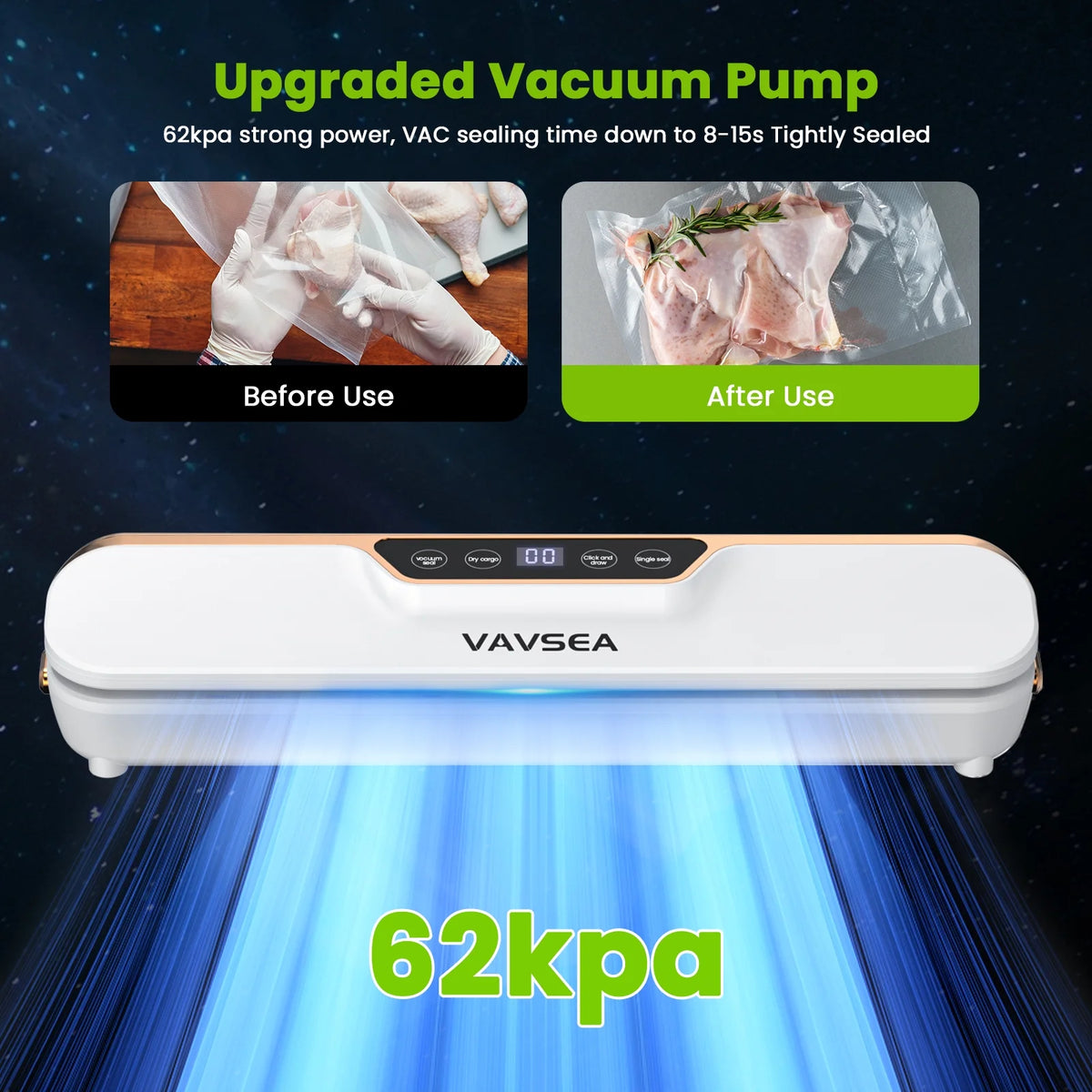 VAVSEA Vacuum Sealer, 62Kpa Food Sealer Machines with 4 Modes, Dry/Draw/Seal/Vac and 10Pcs Bags Starter Kit for Dry Moist Food Storage Sous Vide for Kitchen