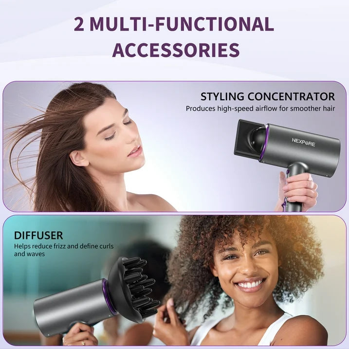 NEXPURE New Upgrade Professional Ionic Hair Dryer, 2000W Powerful Blow Dryer with Diffuser and Concentrator Attachments, Suitable for Home and Travel, Purple