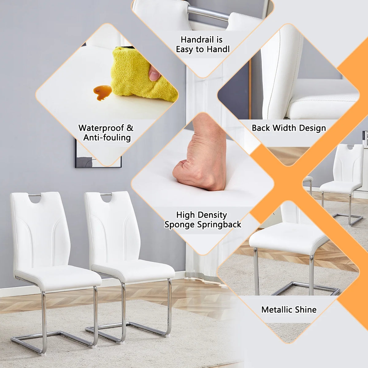 Sumdeal Modern White Pu Leather Dining Chair Set with Silver C-shaped Metal Legs,Set of 2