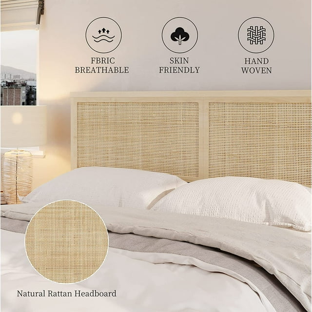 Brafab Natural Rattan Queen Bed Frame with Wooden Headboard and 4 Storage Drawers, Boho Cane Bed Metal Platform Bed with Strong Wooden Slat Mattress Foundation, Noise Free, No Box Spring Needed…