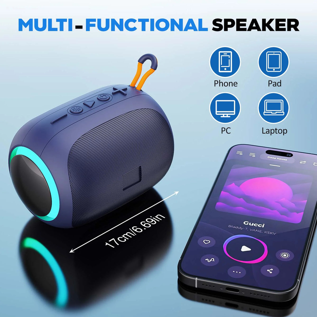 FanFun Portable Speaker, IPX7 Waterproof Mini Bluetooth Speaker with 8 Hours Playtime, Outdoor Speaker with LED Light, Blue