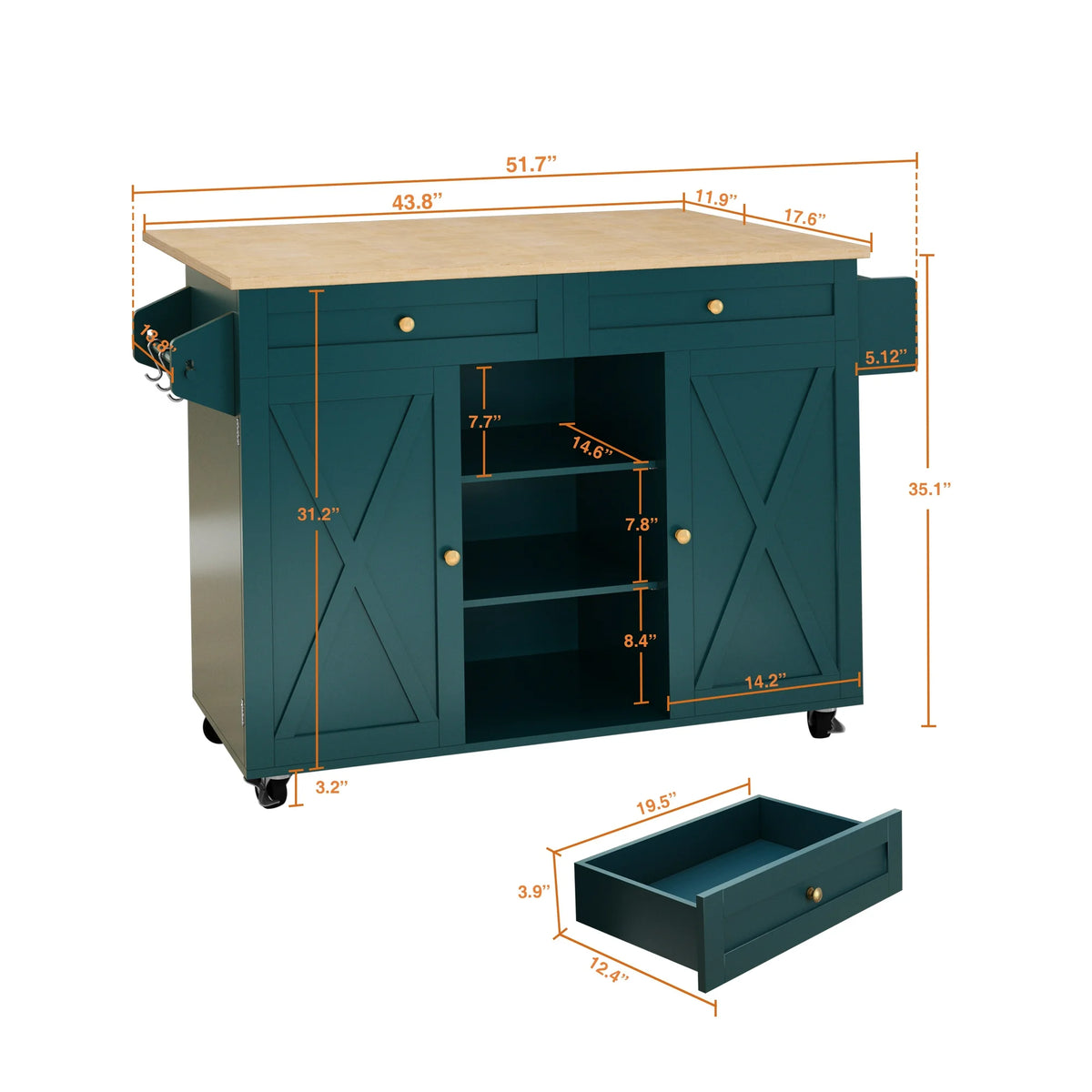 CBJCBJ 51.7" Rolling Kitchen Island Foldable, Adjustable Shelf & 2 Storage Doors - Mobile Kitchen Cart, Breakfast Bar with Storage (Green)