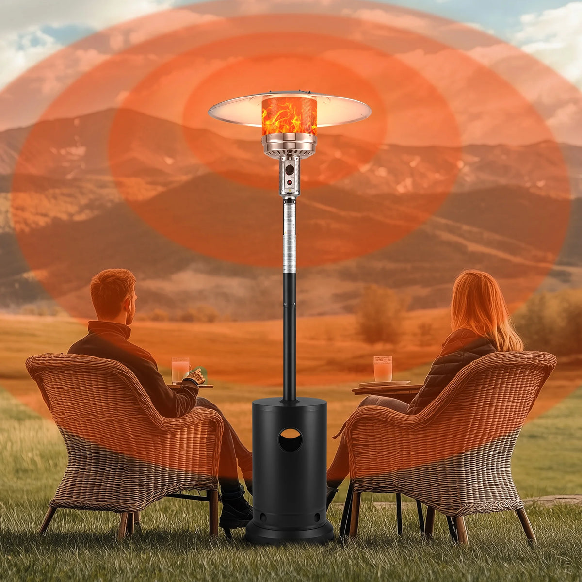 48000 BTU Propane Patio Heater with Overheating Protection System, Outdoor Heater with 20' Heating Radius and Wheels, Stainless Steel Flame Heater, Black