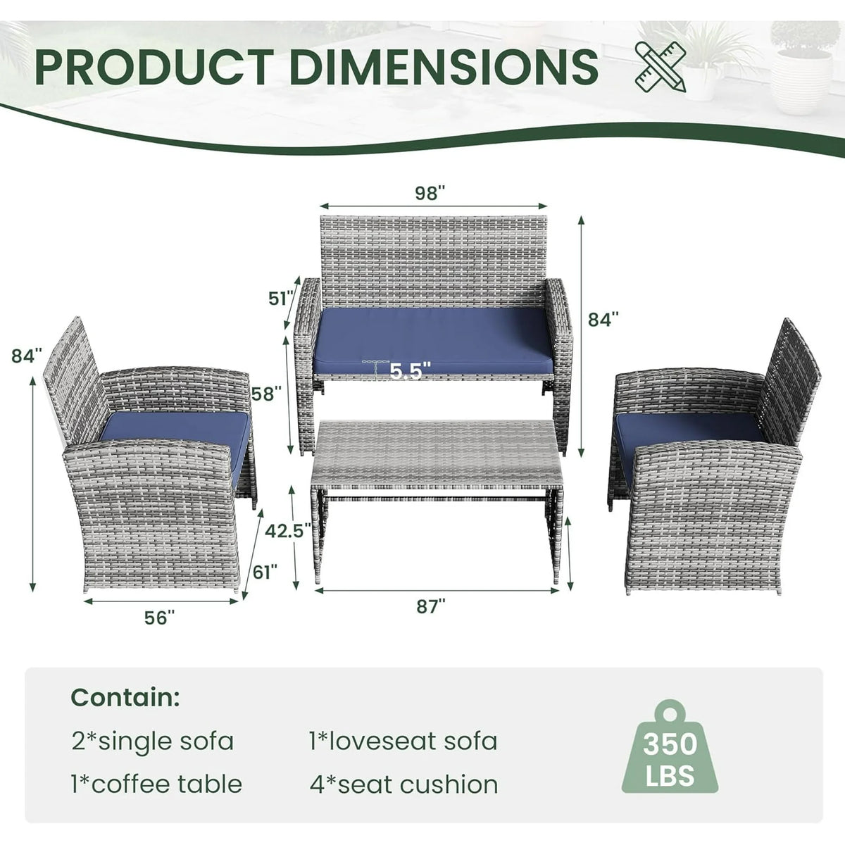UDPATIO Patio Furniture Set 4 Pieces Outdoor Furniture with Soft Cushion and GlassTable, All Weather Manual Weaving WickerRattan Patio Chairs for Garden, Terrace, Porch,Lawn (Gray/Blue)