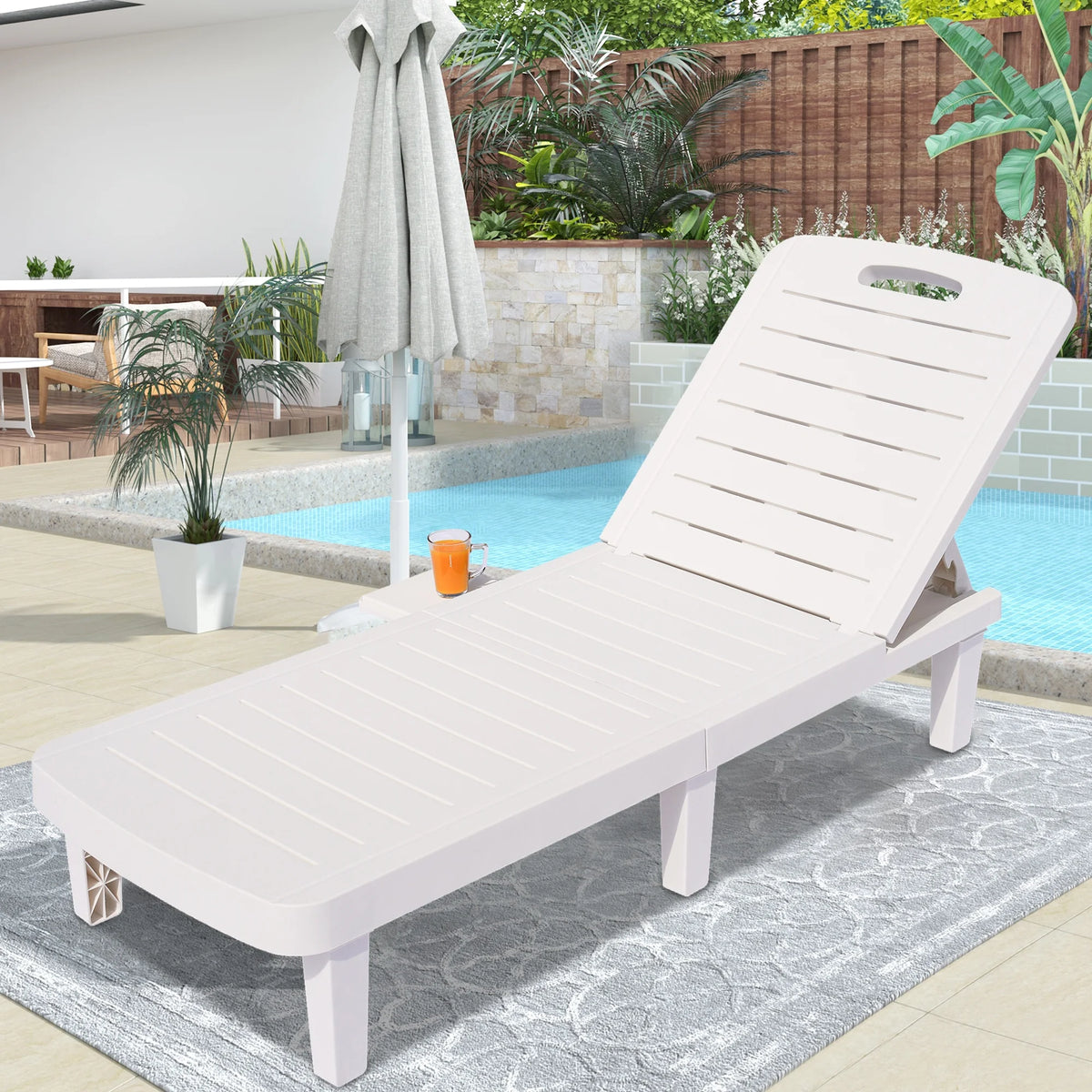 Patio Lounge Chair Set of 2, Adjustable Chaise with Side Table, Outdoor Lounger Recliner for Poolside, Patio, Backyard, Wood Texture Design | Waterproof | Easy to Assemble | Max Weight 330 lbs White