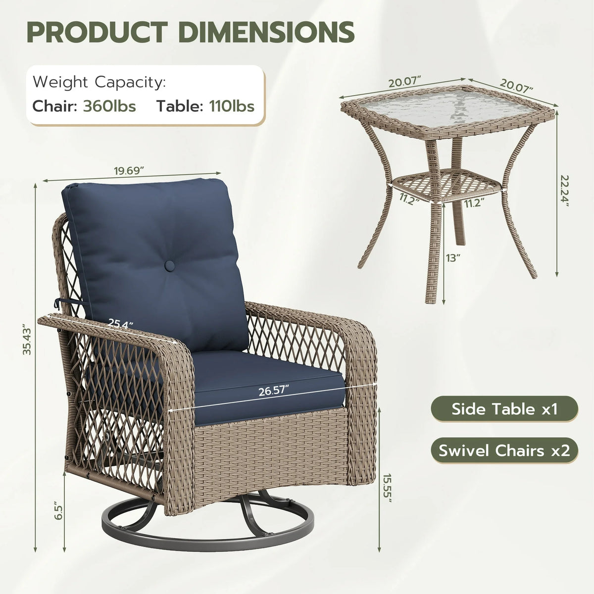 UDPATIO Outdoor Swivel Rocker Chairs, 3 Piece Patio Rocking Chairs with Padded Cushions Patio Bistro Furniture Set with Side Table for Porch Balcony Backyard