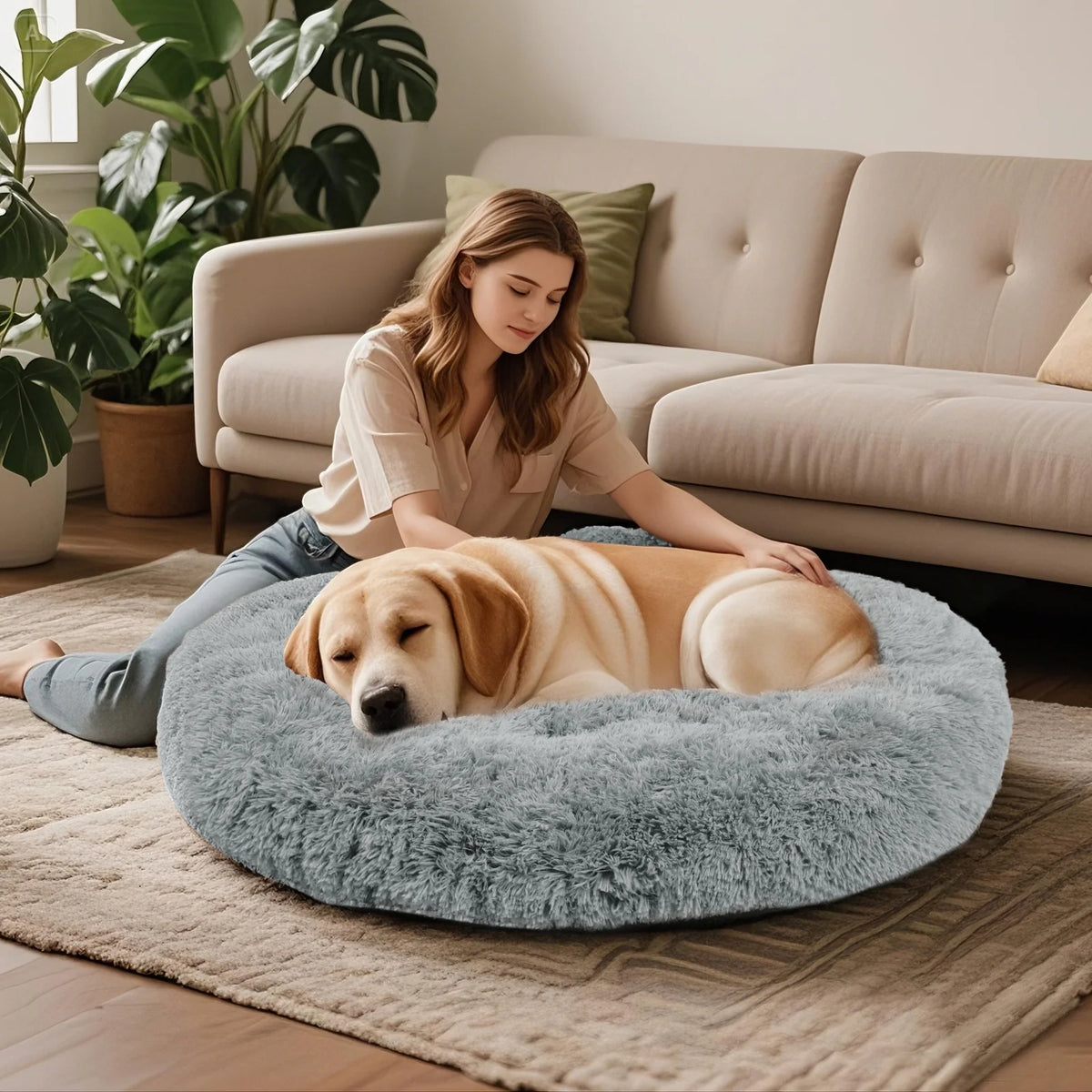 Katieovy Dog Bed for Large Dogs,Fluffy Calming Donut Dog Beds,28 inch Washable Plush Round Dog Mat with Non-Slip Bottom,Gray