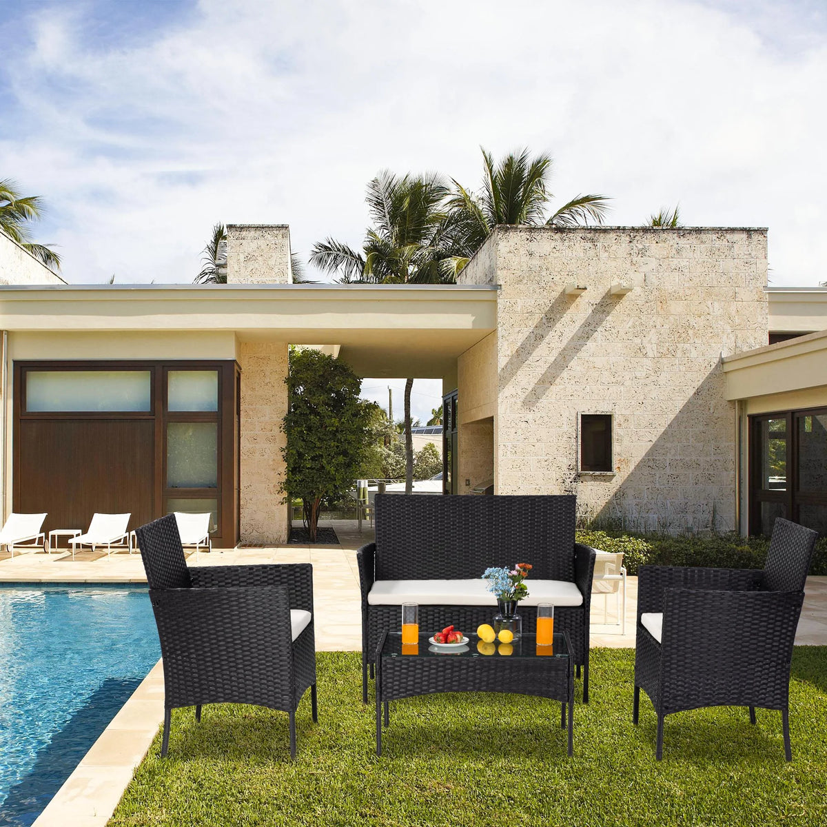 4 Pieces Outdoor Wicker Conversation Set, All-Weather Rattan Patio Furniture Sets with Arm Chairs, Tempered Glass Tabletop and Cushions, Sectional Sofa Set for Backyard, Garden, Poolside