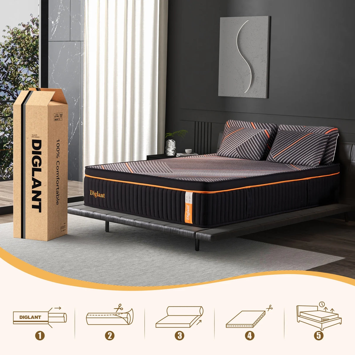 Queen Mattress, 14 Inch Plush Hybrid Mattress, Black Memory Foam with Individually Pocket Coils Mattress Queen Size in Box, Euro Top Mattress for Pressure Relief,Balanced Support