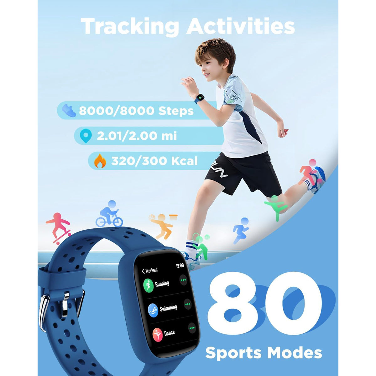 BIGGERFIVE Smart Watch for Kids No APP No Phone Needed, 1.8" Fitness Tracker Watch Pedometer, Sleep Monitor, IP68 Waterproof, Step Counter, Puzzle Games for Girls Boys Teens 5-16, Blue