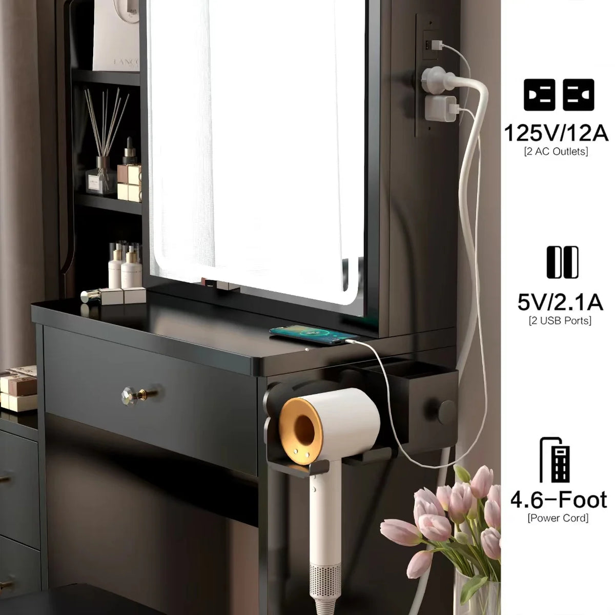 PORKISS Vanity Set with Sliding LED Mirror, Makeup Vanity with 2 AC and 2 USB Power Station, Modern Vanity Desk with Cushioned Stool and Hair Dryer Bracket, 3 Colors Lights, Black
