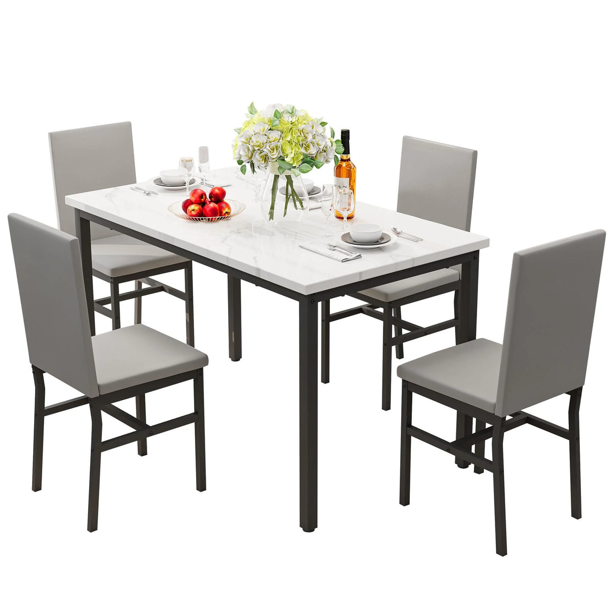 PAPROOS Dining Table Set for 4, Modern 5-Piece Kitchen Table Set with Faux Marble Top and Velvet Upholstery Chairs, Heavy Duty Dinette Sets for Breakfast Nook, Dining Room Table and Chairs, Gray