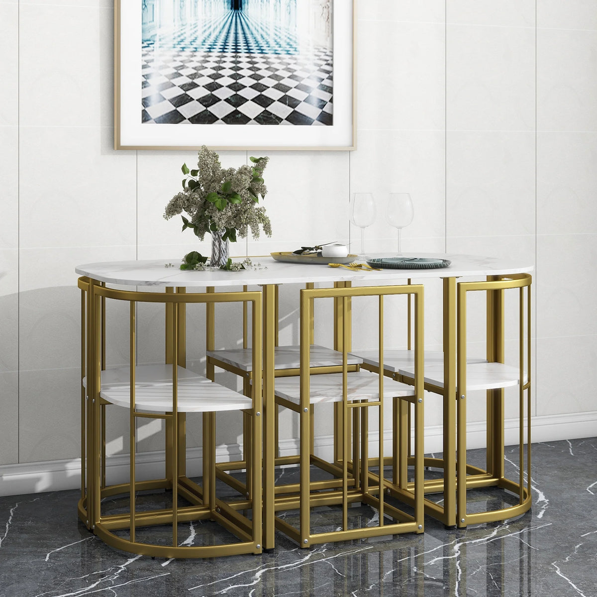 Paproos Dining Table Set for 6, 7 Piece Faux Marble Dining Room Table and Chairs Set, Compact Kitchen Table Set, Faux Marble Tabletop & Metal Frame, Modern Dinette Set for Breakfast Nook, White&Gold