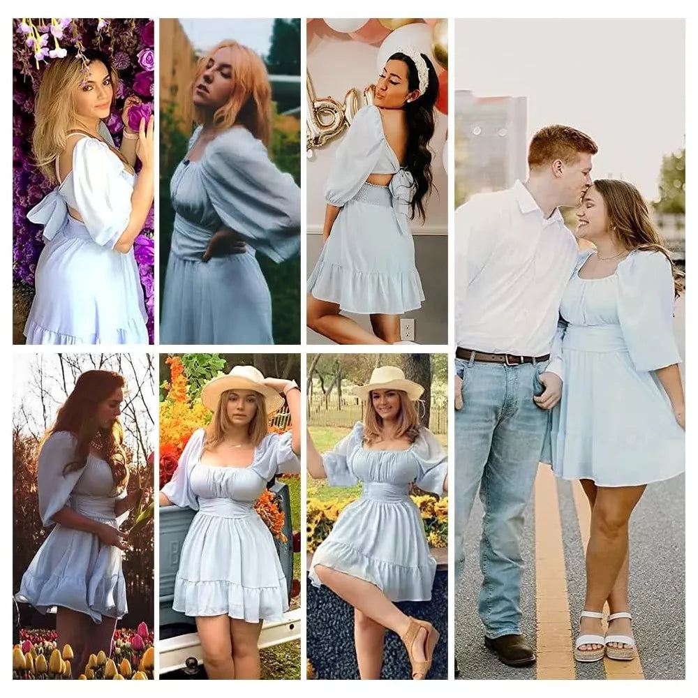EXLURA Women's Lantern Sleeve Tie Back Summer Dress Ruffled Off Shoulder A-Line Vintage Mini Dress
