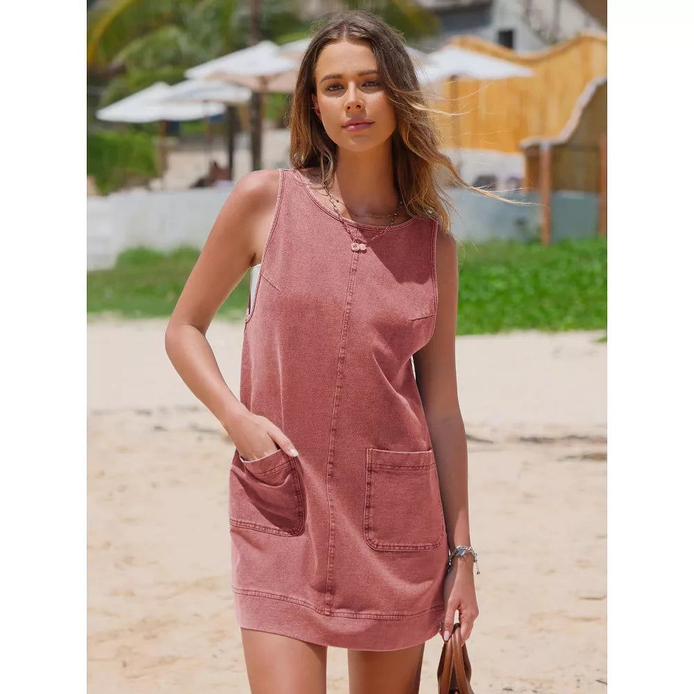 EXLURA Womens Sleeveless Denim Dress Casual Summer Crewneck A Line Overall Mini Dress with Pockets