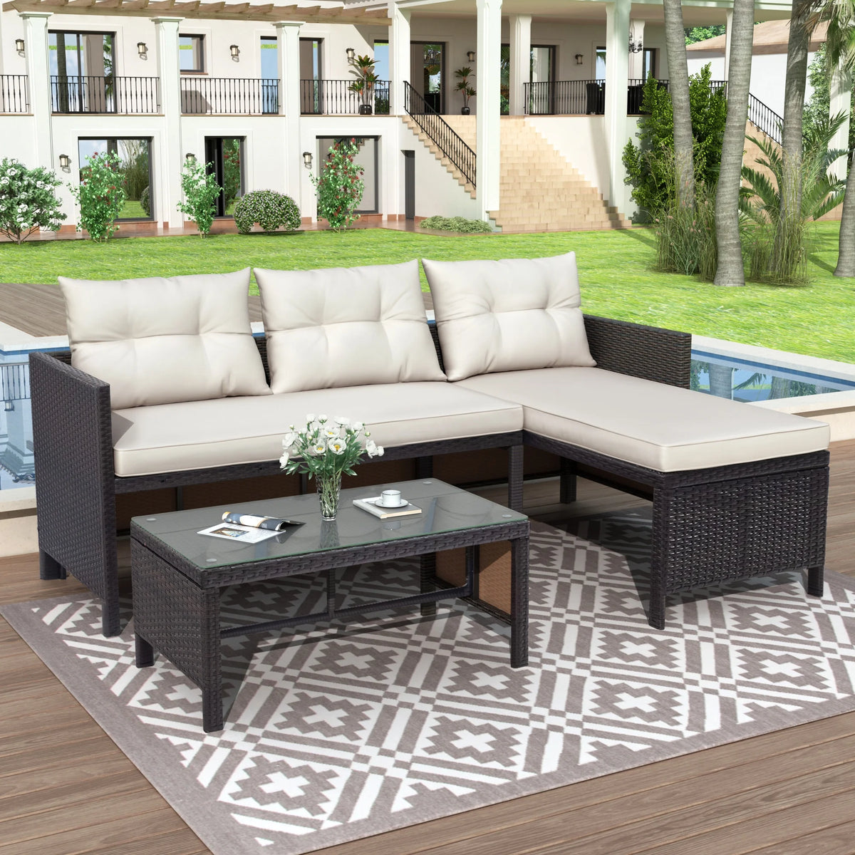 3 Pieces Patio Furniture Sectional Set, Outdoor Furniture Set with Two-Seater Sofa, Lounge Sofa, Table & Cushion, PE Rattan Wicker Bistro Set, Conversation Set for Garden, Backyard