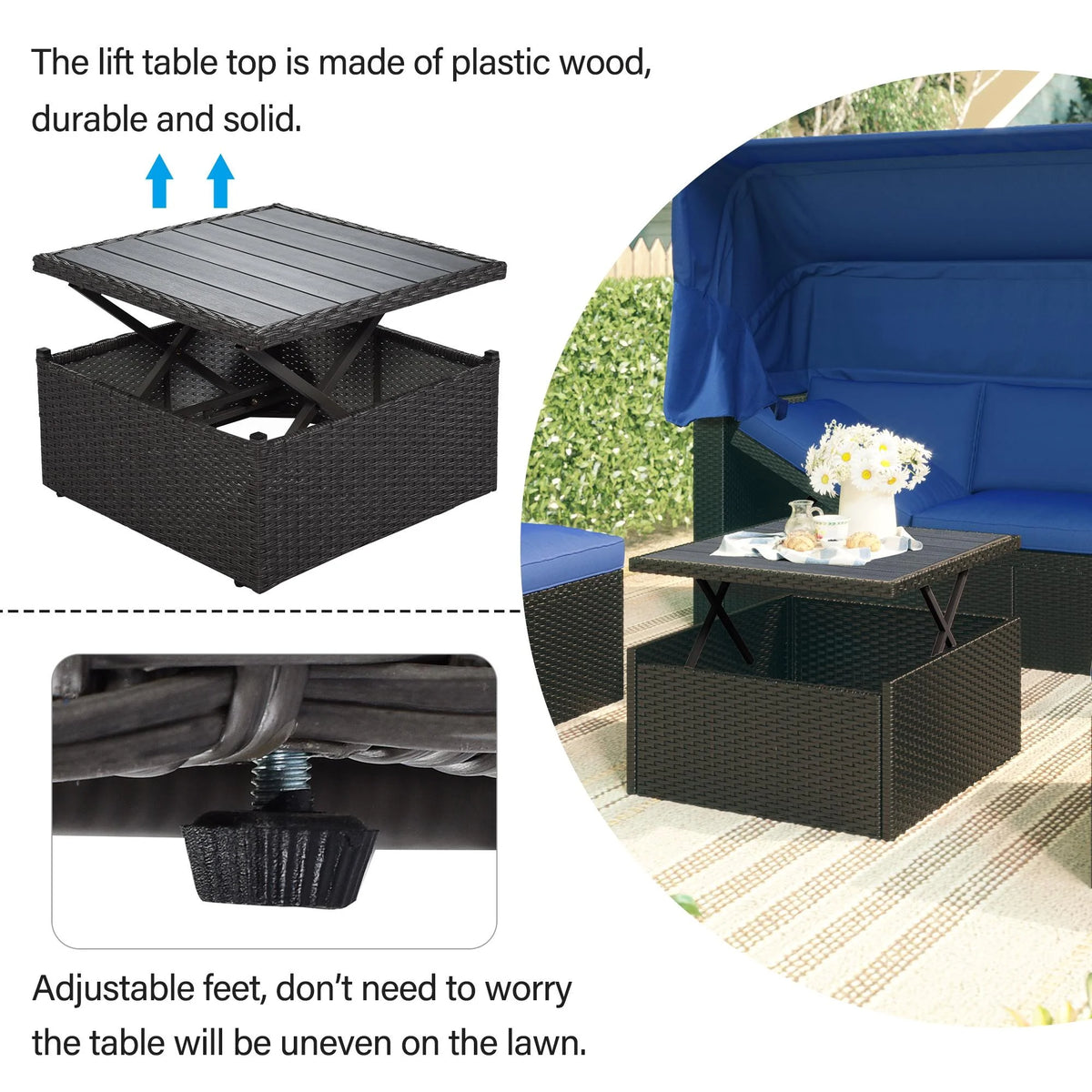 Outdoor Daybed with Canopy, Patio Sectional Furniture Set with Lifting Table Thick Cushions Pillows, Retractable Canopy Conversation Sofa Set with Side Table, Blue