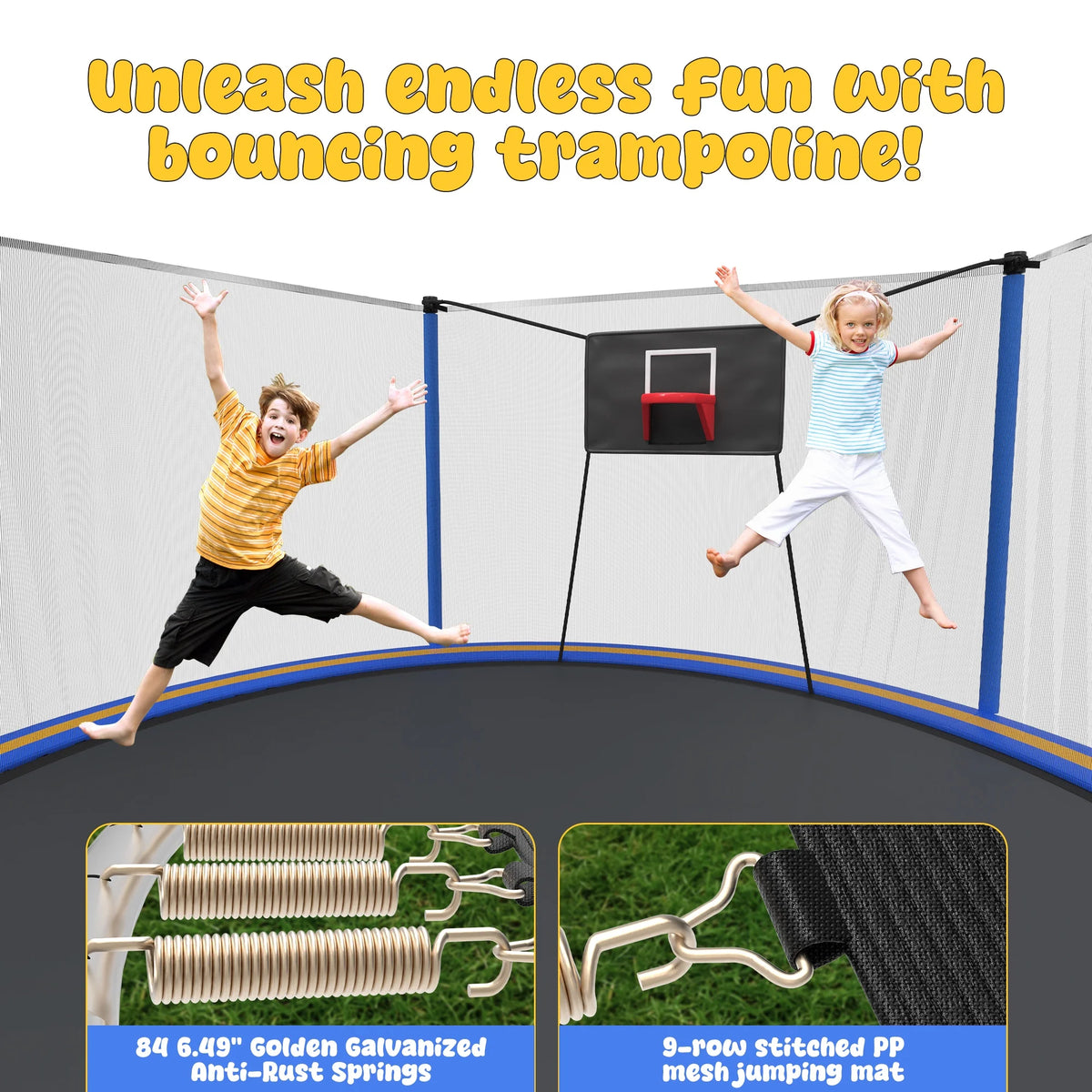 Trampoline with Enclosure, SEGMART Upgraded 14FT Kids Outdoor Trampoline with Basketball Hoop and Ladder, Heavy Duty Round Trampoline for Indoor Outdoor Backyard