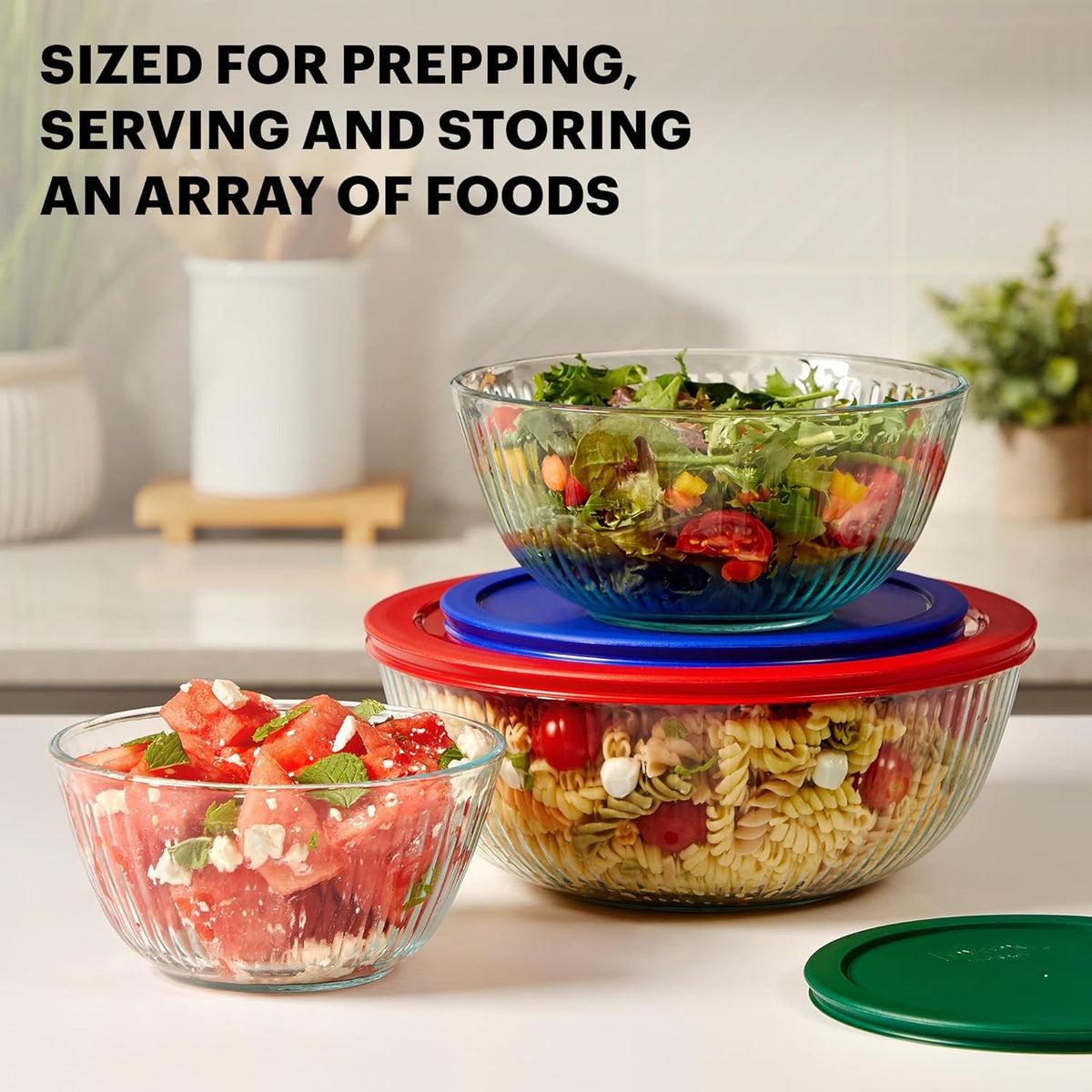 3-Pack Glass Mixing Bowls (1.2 QT, 2.3 QT, 3.6 QT) with BPA-Free Lids, Stackable Nesting Salad Bowls, Prepping and Baking Food Storage Set, Dishwasher, Microwave and Freezer Safe
