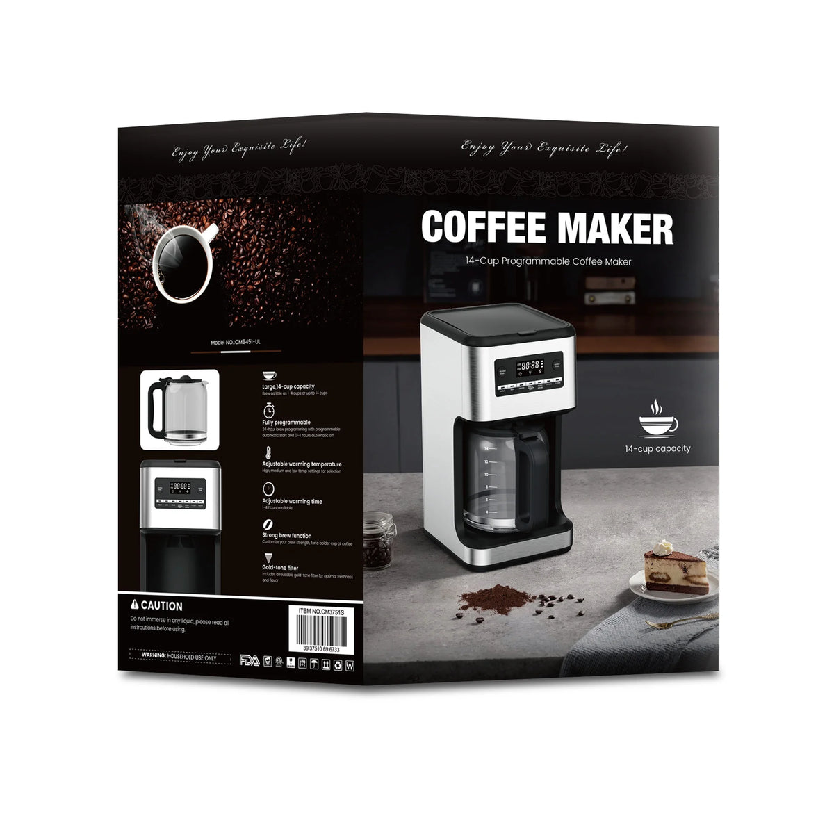 Auseo 14-Cup Programmable Coffee Maker - 24Hr Brew Scheduling, Bold Brew & Self-Cleaning, 1050W Fast Brewing w/Large Glass Carafe & Reusable Filter for Home/Office (Stainless Steel)"