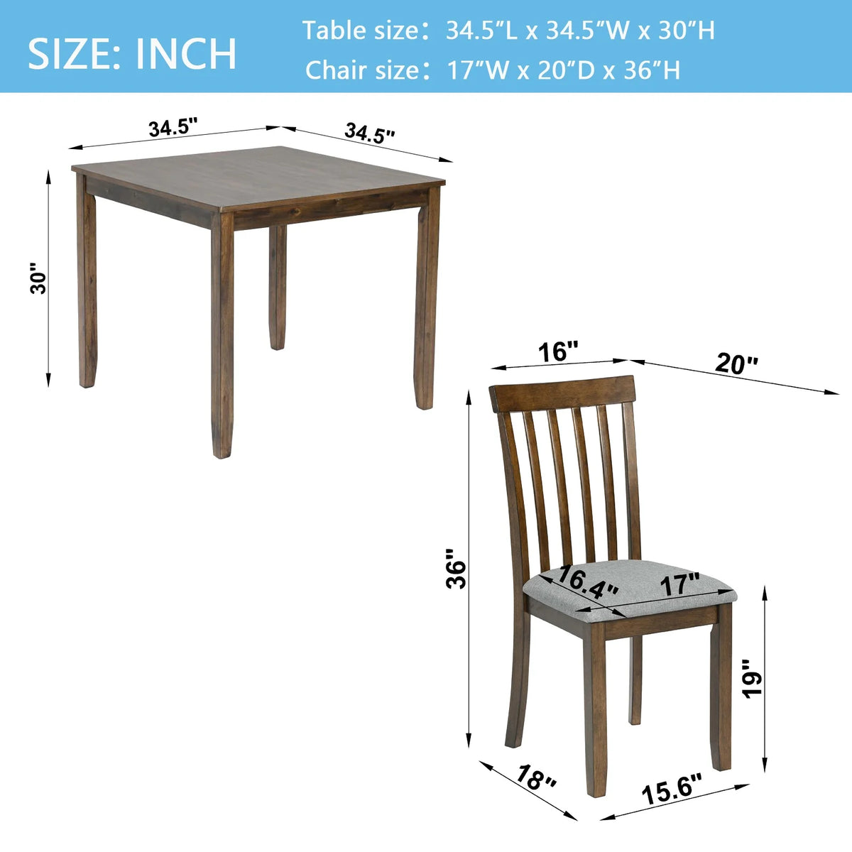 PORKISS Solid Wood Dining Table Set for 4, 5 Piece Dining Room Set with 1 Table 4 Upholstered Chairs, Walnut