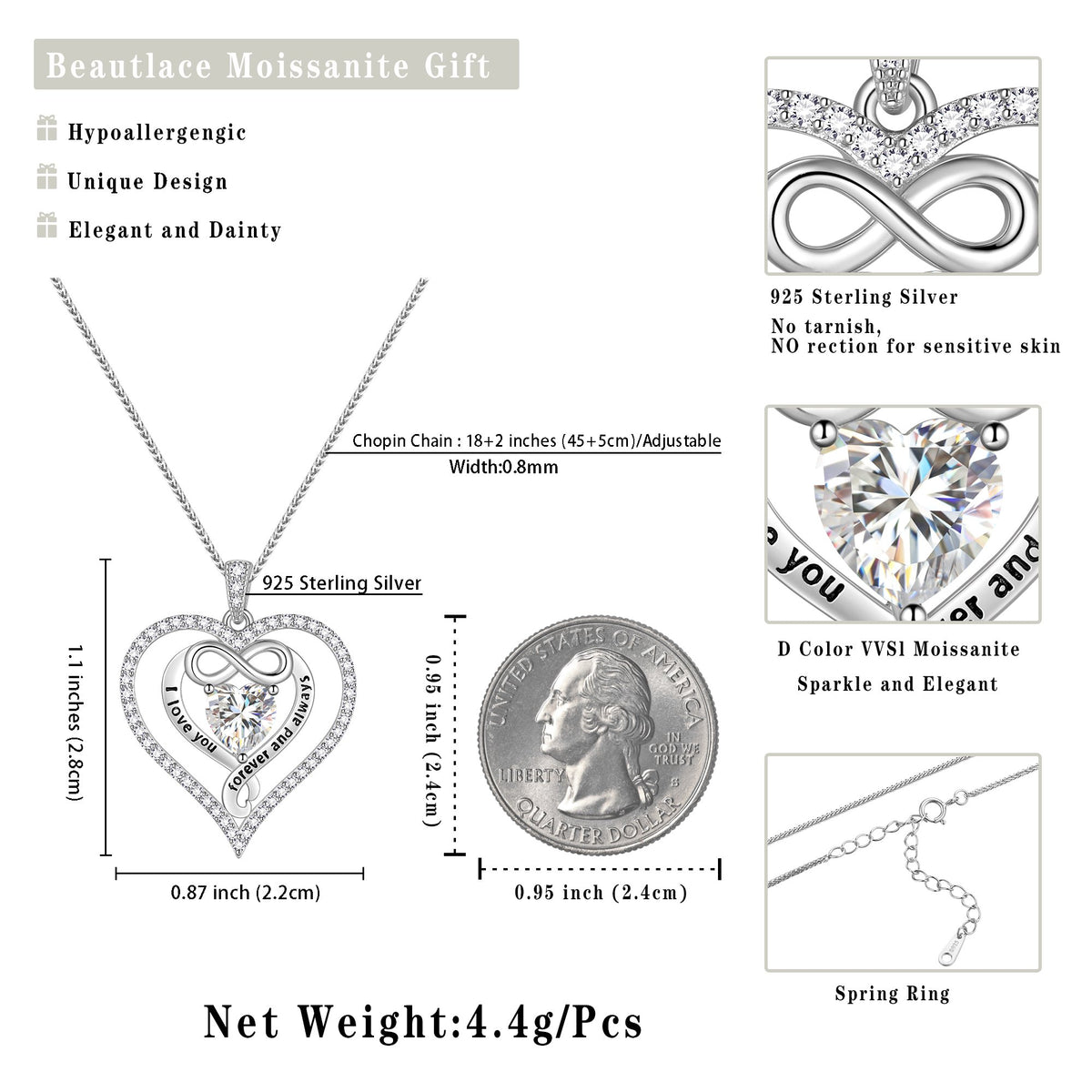 Beautlace GRA Certified 1CT Moissanite Heart Necklace,18K White Gold over Stering Silver Love Heart Birthstone Pendant I Love You Forever and Always Necklace Jewelry Gifts for Women