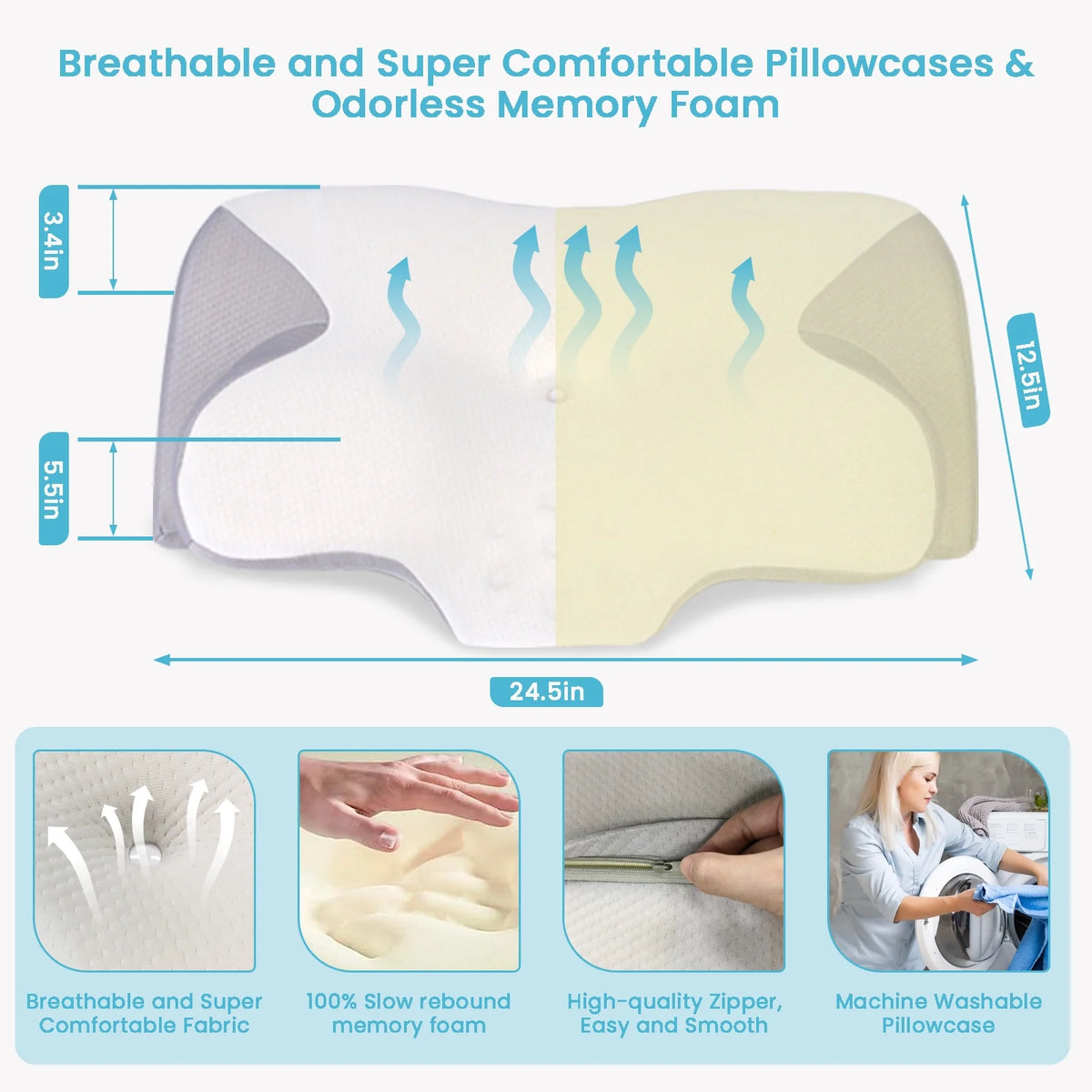 VAVSEA Cervical Pillow for Neck Pain Relief, Contour Memory Foam, Ergonomic Orthopedic Neck Support Pillow for Side, Back Stomach Sleepers with Breathable Pillowcase, Grey