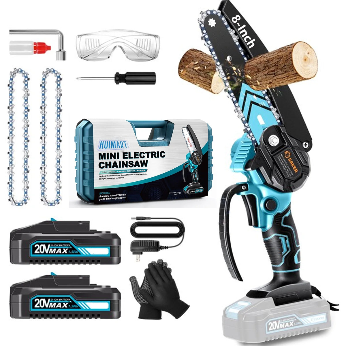 SUSUZI 8 Inch Cordless Pruning Chainsaw, 21 V Cordless Handheld Chain Saw with 2 x 2000mAh Batteries