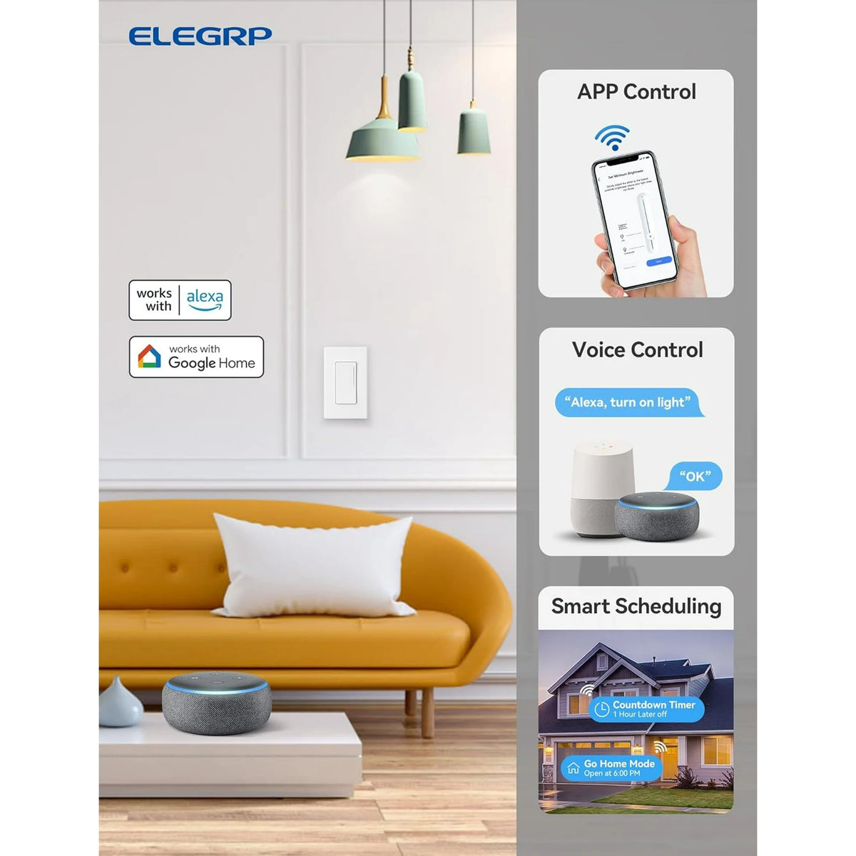 ELEGRP Smart Dimmer Light Switch Single Pole, 2.4GHz Wi-Fi Touch Dimmer Compatible with Alexa and Google Assistant, Neutral Wire Required, No Hub Required, UL and FCC Listed, White 1 PC