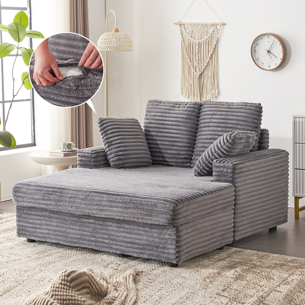 54.25 Chaise Lounge, Plush Corduroy Sofa Chair Bed with Throw Pillows and Armrests, Sleeper Chaise Lounge for Living Room,Dark Gray