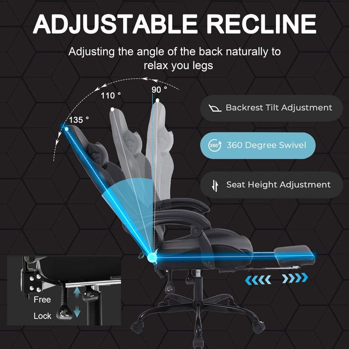 Black Gaming Chair with Footrest and Massage Ergonomic Video Gamer Chair for Adults Leather Gaming Chair High Back Swivel Reclining Computer Chair for Home Office