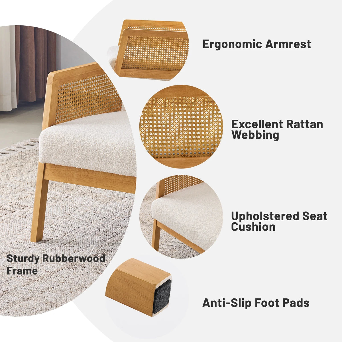 Furniliving Modern Accent Chair, Upholstered Living Room Chair with Rattan Armrest, Reading Leisure Chair, Comfy Arm Chair for Living Room, Bedroom, and Office. (Ivory White)