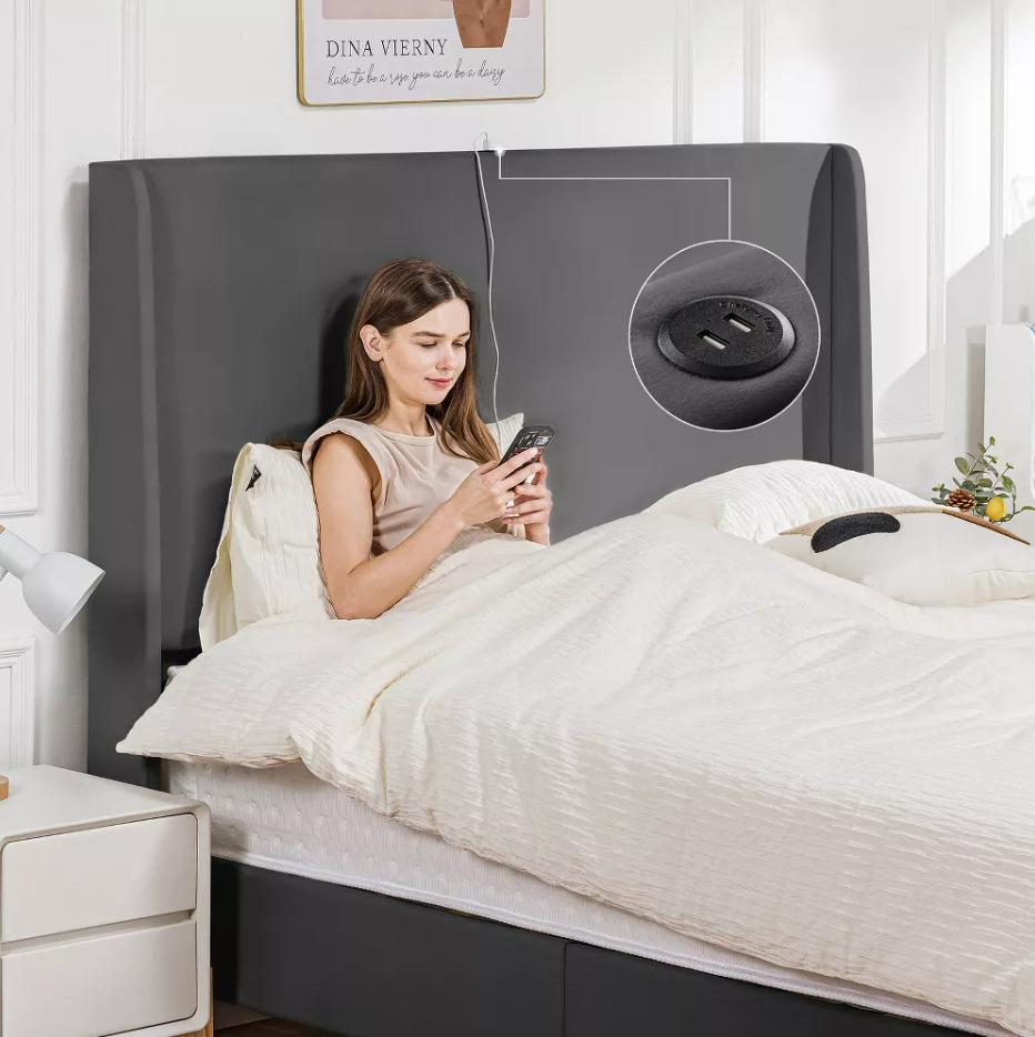 COMHOMA Bed Frame with Type-C USB, 51 High Headboard Tall, Wood Slat Support