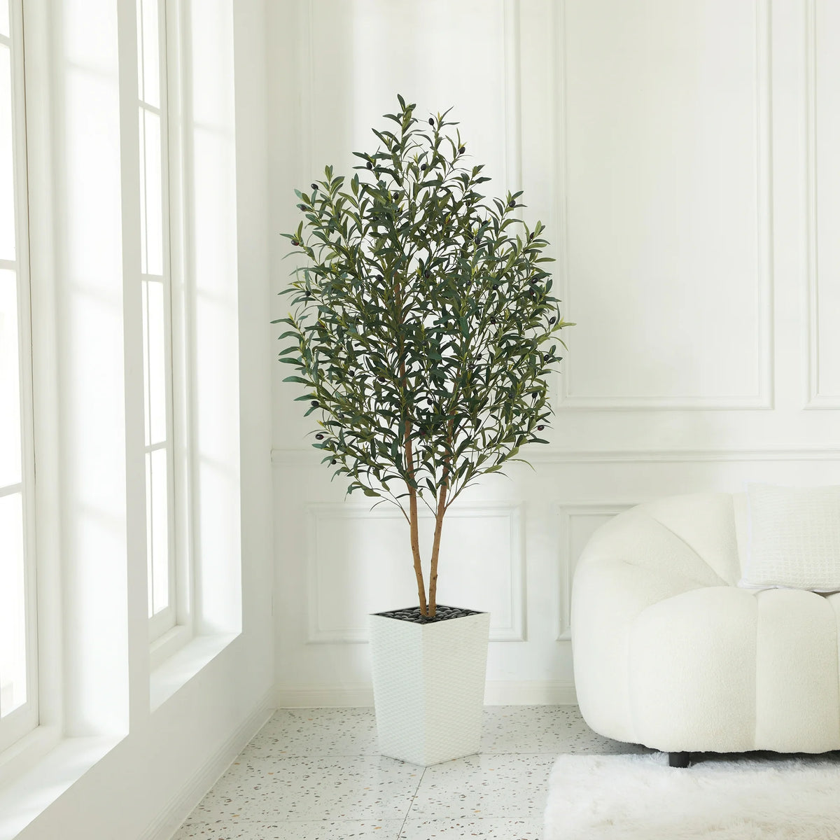 DR.Planzen 6FT Tall Artificial Olive Tree with Tall White Planter, UV Resistant Silk Leaves Real Wood Trunk | Home Office House Outdoor Decor