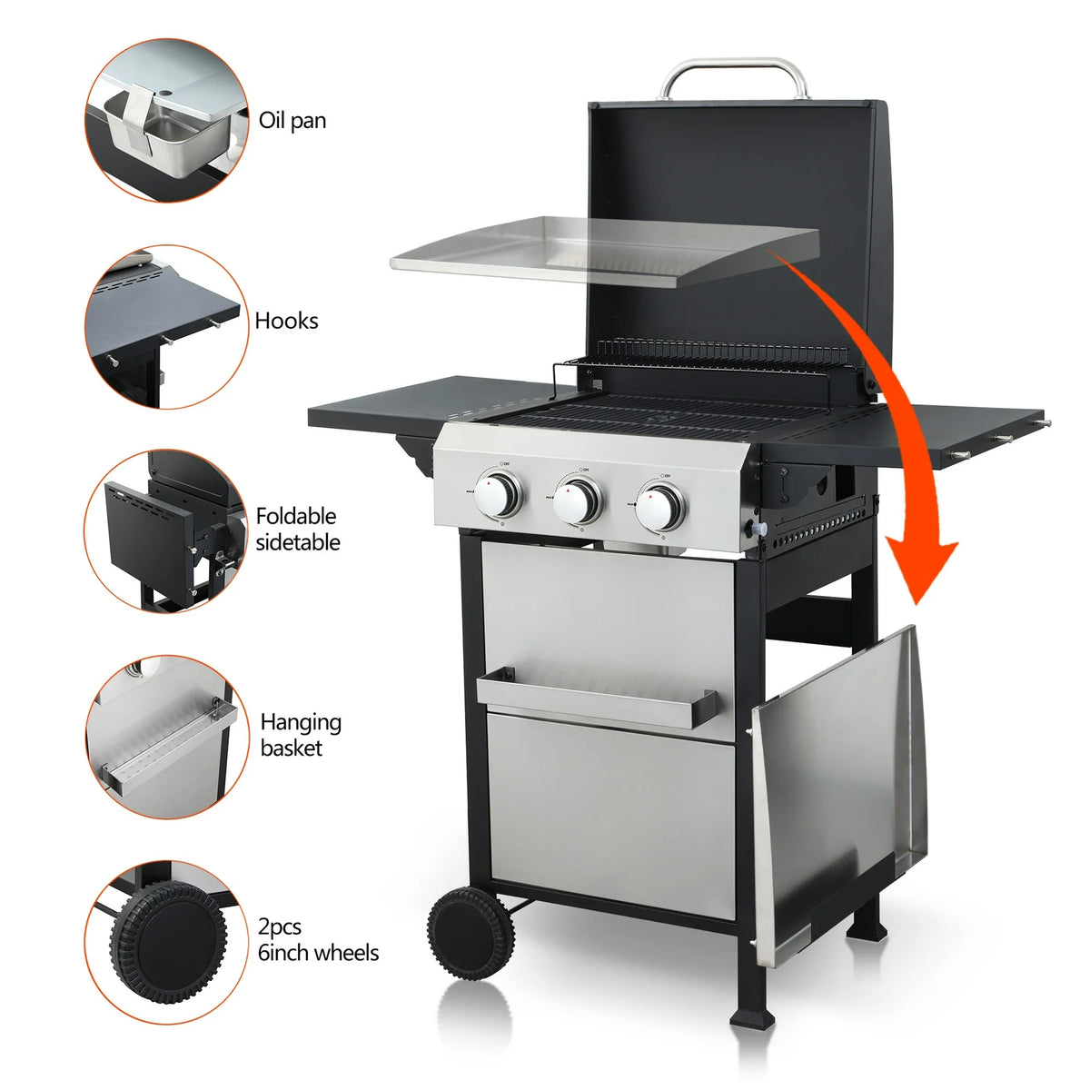 2 in 1 Propane Gas Grill and Griddle Combo, 3 Burner Griddle Grill Combo with Folding Side Tables & Hanging Basket, 36,900BTU Stainless Steel Propane Grill for Outdoor Cooking