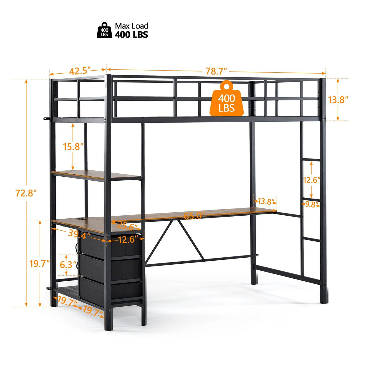 Ktaxon Twin Loft Bed with L Shaped Desk for Kids Teens, Metal Bunk Bed with 3 Storage Drawers, Metal Bed Frame, Black