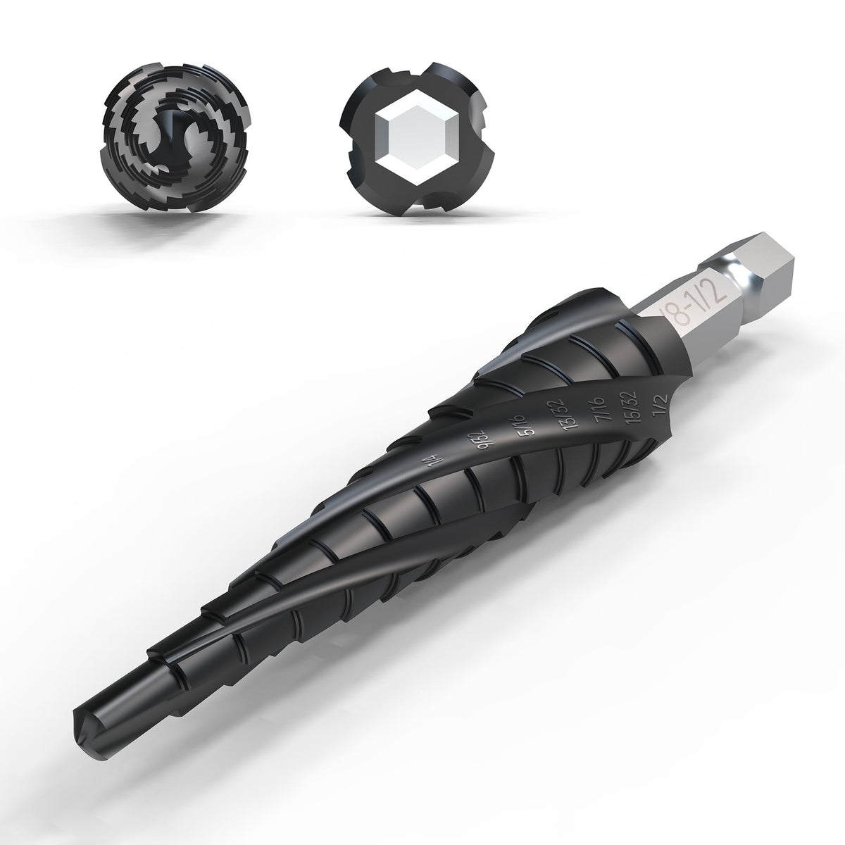 Four Spiral Flute Step Drill Bit, 1/8 - 1/2(13 Sizes) 1/4 Hex Shank Cobalt Step Drill Bit Fully Coated with TiAlN for Metal, Stainless Steel, Aluminum, Plastic