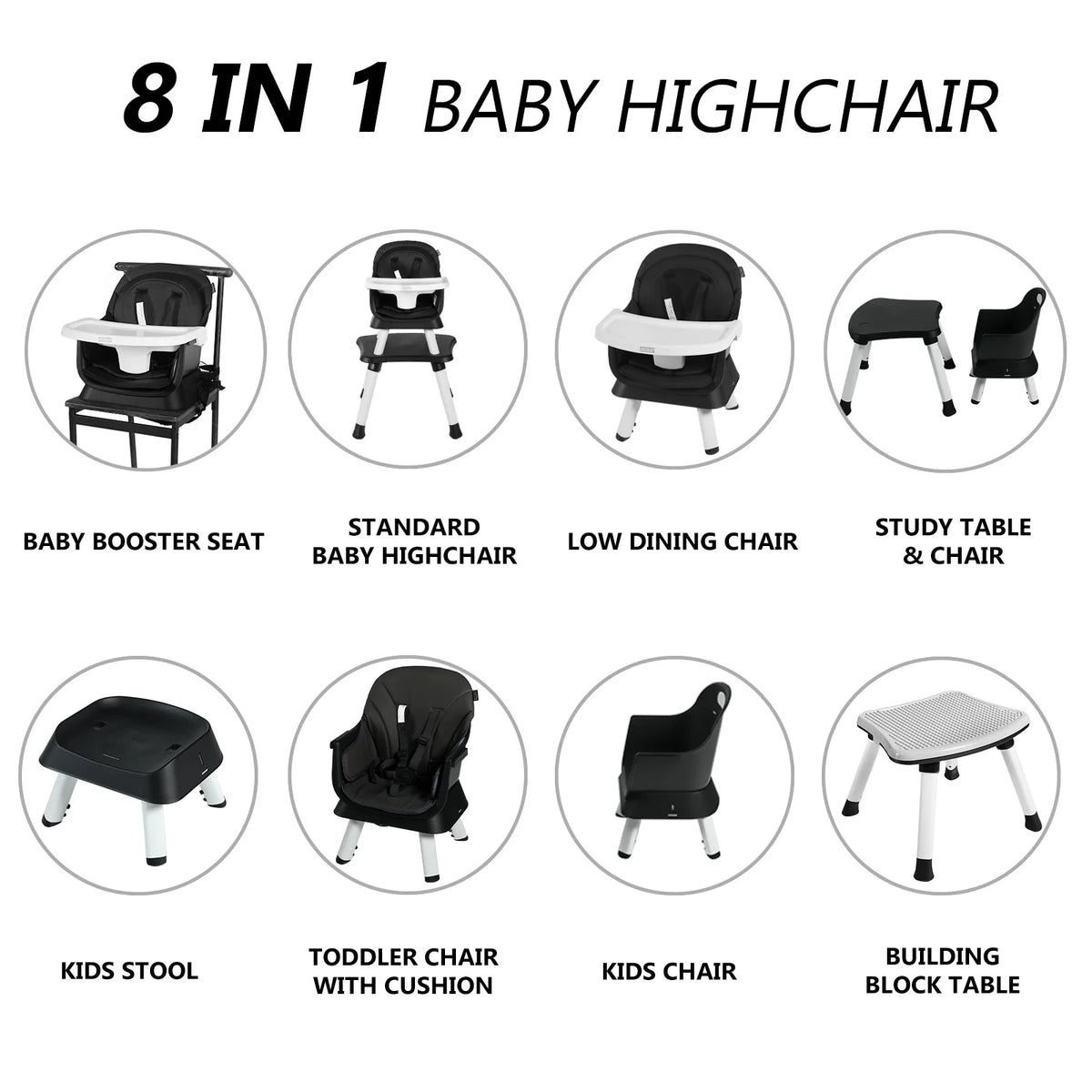 LINLUX 8 in 1 Convertible High Chair for Babies, Feeding Booster Seat for Toddlers, Black