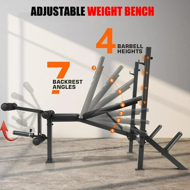 VIBESPARK Adjustable Weight Bench, 900Lbs 5-in-1 Foldable Bench Press with Barbell Rack for Home Gym, Multi-functional Workout Bench Set with Leg Extension for Full Body Strength Training