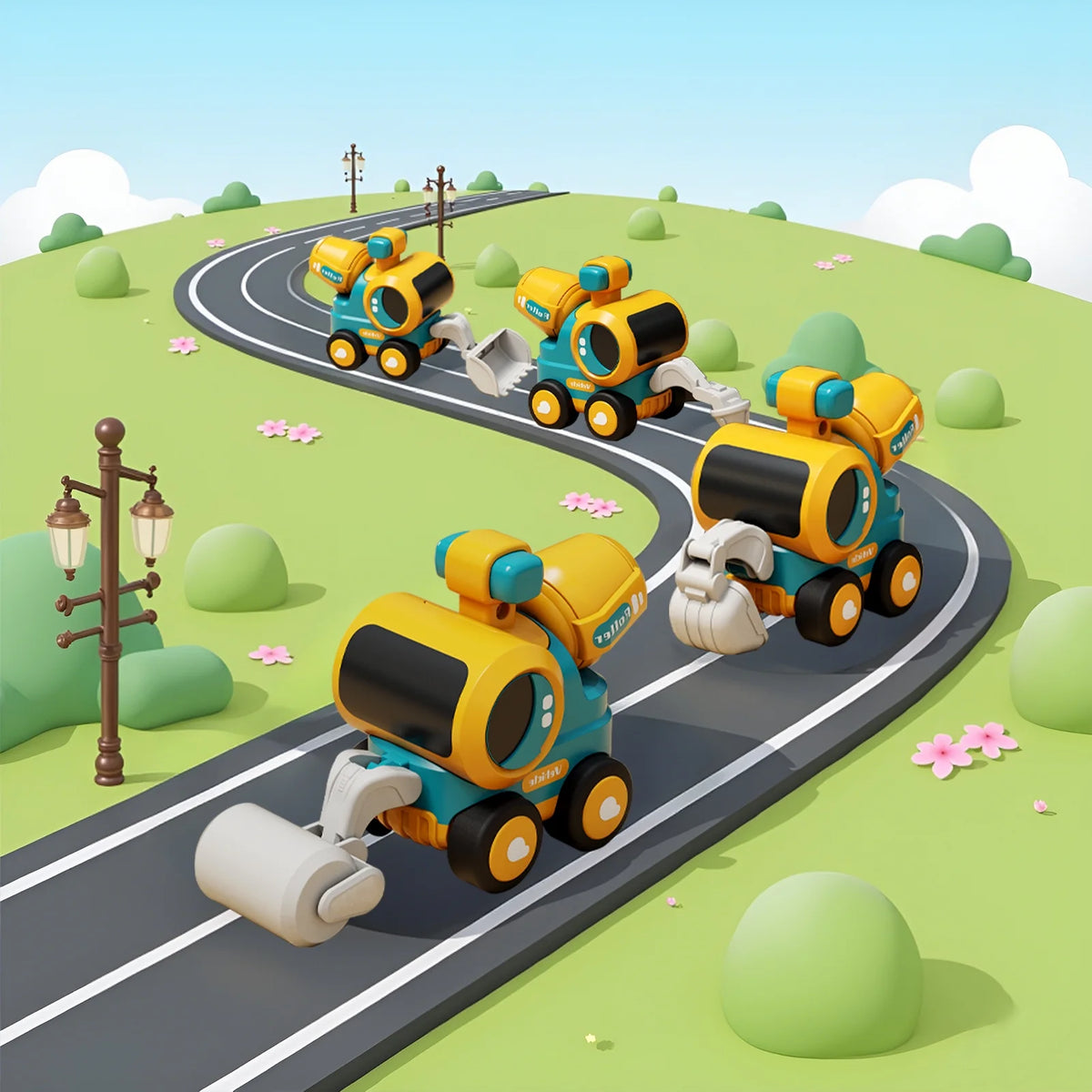 Construction Toys Set Of 4 Excavator Road Roller Bulldozer Pile Driver, Pressing Engineering Car Vehicles Toys for 3 5 Year Old Children Boys Girls Toddler Kids Christmas Birthday Gift Trucks Toy