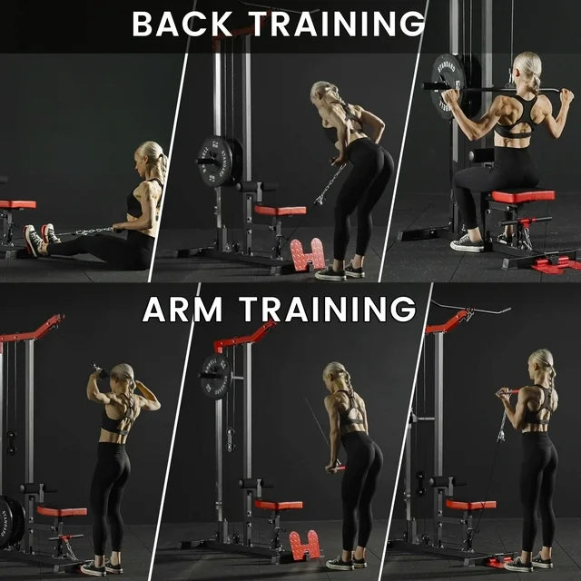 Mikolo LAT Pull Down Machine Set, Multifunction Cable Workout Equipment with Flip-up Footplate and Plates Storage Posts     