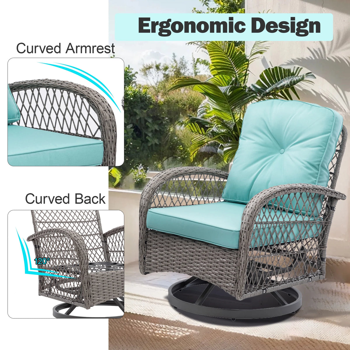 Seizeen Patio Furniture Set, 3 Pieces Outdoor Swivel Gliders Rocker, Wicker Bistro Set with Thickened Cushions, Rattan Porch Balcony Furniture Chair for 2 with Table, 360°Swivel